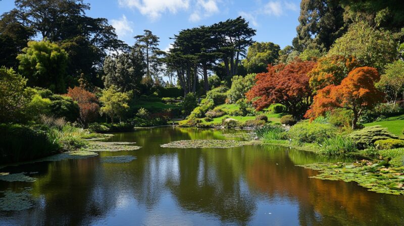 A serene pond surrounded by lush greenery and vibrant autumn-colored trees in a beautifully landscaped garden. The reflections of the trees and sky are mirrored on the calm water, creating a peaceful and picturesque scene.